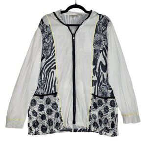 Zenergy by Chico's Size 2 Womens Large Zip Front Hooded Jacket Black White Mesh